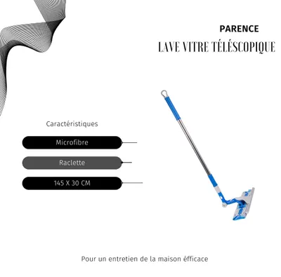 Image de Nettoyeur de vitres télescopique, 145 cm, avec chiffon en microfibre et raclette, pour les grandes fenêtres