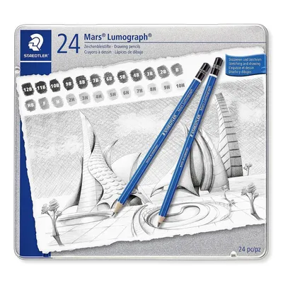 A metal tin containing a set of 24 drawing pencils, with two pencils laid across a sketch of architectural designs.