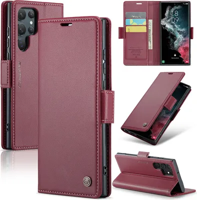 Produktbild von Galaxy S22 Ultra 5G Hülle, Leder Brieftasche Kartenfach Schutzhülle mit Standfunktion für Samsung Galaxy S22 Ultra 5G Rot