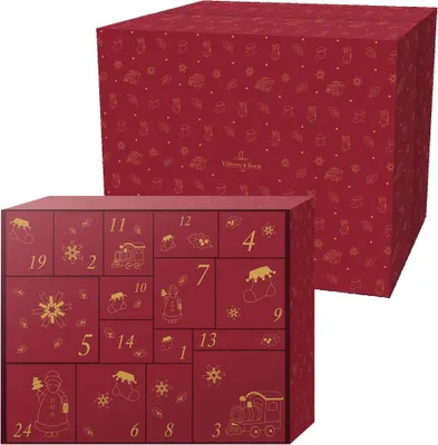 A red advent calendar with gold Christmas-themed illustrations and numbers on its doors, with a matching lid box behind it.