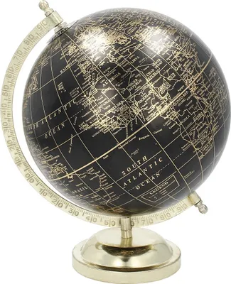 A decorative globe with a gold base and stand, showing continents and oceans.