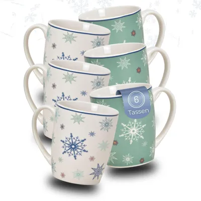 Produktbild von Weihnachtstassen 6er Set Schneeflocken türkis blau
