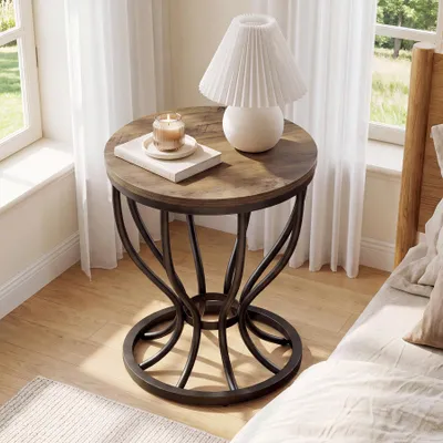 Immagine prodotto di Tribesigns, tavolino laterale rotondo da 50 cm, tavolino da divano in stile industriale con piano in legno e struttura in metallo, piccolo tavolino da salotto, comodino per il soggiorno