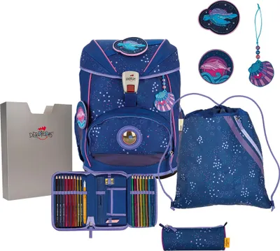 A collection of school supplies including a backpack, pencil case, and accessories, all with a deep ocean theme.