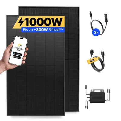 Produktbild von Balkonkraftwerk 1000W Solaranlage Steckerfertig Komplettset Photovoltaik Anlage 800W, Kabellänge: 5m, Solakon - onBasic
