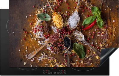 Produktbild von KitchenYeah© Herdabdeckplatte Gewürze - Kräuter - Löffel - Salz - Braun - Küche , 83x51cm, Küche Deko, Glaskeramikkochfeld Herdabdeckung, Abdeckplatte fùr Kochfeld