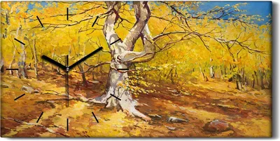 Produktbild von Wanduhr Uhr Wandbild Leinwand Quarz 60x30 Gemälde Wald Bäume Herbst Blätter - schwarze Hände