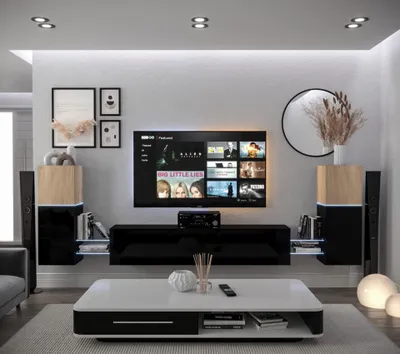 Produktbild von Furnitech Wohnwand Wohnzimmer - Wohnzimmer Möbel mit LED Weiß - Hängend Wohnwand Modern - Wohnzimmer Schrankwand mit Regale und TV Schrank (AN104-21SB-HGM5-1A)