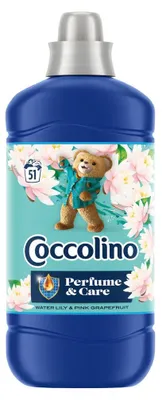 A bottle of Coccolino fabric softener with a teddy bear graphic and floral elements.