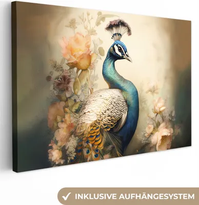 Produktbild von MuchoWow® - Leinwandbilder - Pfau - Pfauenfedern - Blumen - Botanisch, Wandbild, Wanddeko Bilder Wohnzimmer, 120x80 cm