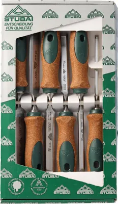 Produktbild von Stemmeisensatz Korkheft, 6-teiliges Set (6,10,14,18,22,26mm) Stemmeisen mit rutschfestem Korkgriff aus nachhaltiger Herstellung, STUBAI Stechbeitel zur präzisen Holzbearbeitung, Spezial Stecheisen