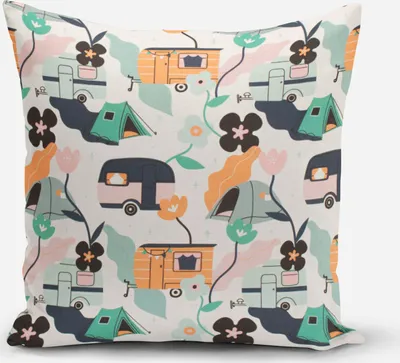 Produktbild von SCHÖNER LEBEN. Kissenhülle aus Baumwolle Camper Anhänger Blumen ecru Größe 80x80cm (HxB) 80x80cm (HxB) Größe