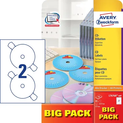 Produktbild von CD-Etiketten SuperSize A4 117mm 40 Bogen/80 Etiketten weiß Packung mit 25 Stück