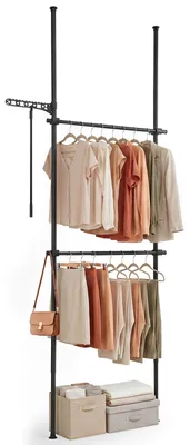 Image de COSTWAY, portant à vêtements télescopique, réglable en hauteur, armoire à vêtements spacieuse avec 2 barres et une barre de suspension, idéale pour le salon et la buanderie, couleur noire