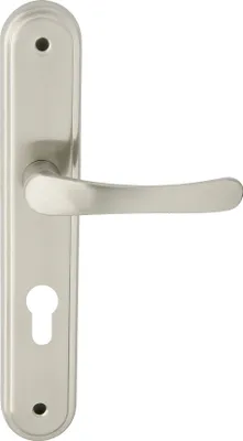 A silver door handle with a keyhole on a white background.