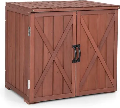 Imagen del producto de Armario de jardín de madera, armario exterior de 77 x 56 x 72 cm, armario para herramientas con doble puerta y tiradores, caseta para herramientas, cobertizo para jardín, armario para balcón, armario para terraza, color marrón