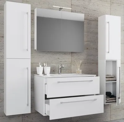 Produktbild von VCM 5-tlg. Waschplatz Waschtisch | Waschbecken Unterschrank Breite 60 cm | Badmöbel Set mit Schubladen Drehtüren Spiegelschrank | Badinos