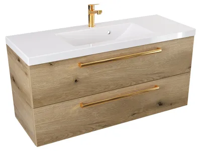 Produktbild von ATHD Wandhängender Waschtischunterschrank 100 cm - Evoke Matt Eiche - Griffe aus poliertem Gold