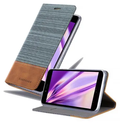 A phone case is shown in an open position, displaying the phone inside.