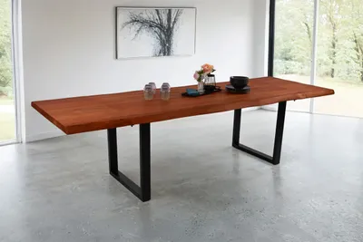 Produktbild von Esstisch Cali mit Ansteckplatten | 140 x 90 cm (erweiterbar auf 220 x 90 cm) | Akazie massiv & nussbaumfarben | echte Baumkante | U-Gestell Metall schwarz | Baumkantentisch/Esszimmertisch