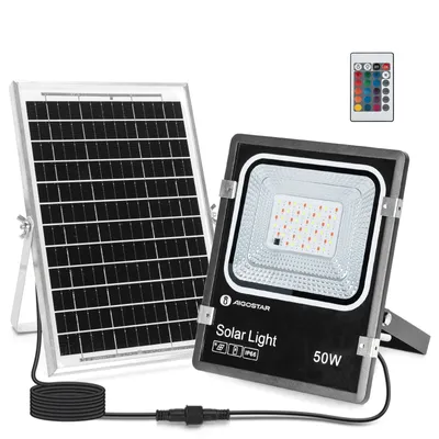 Produktbild von Aigostar- RGB Solar Strahler Außen 50W , LED Gartenstrahler mit Fernbedienung, 4000 mAh Akku mit großer Kapazität und großem Solarpanel,IP66