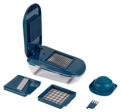 Gemüseschneider mit Behälter, 3 Einsätze, kompakt, blau