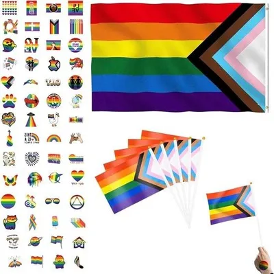 Obrázek produktu pro Sada vlajky Pride - duhová vlajka + 5 mini vlajek + 55 samolepek - ideální pro Pride party a dekorace - 150 x 90 cm + 5 x 14 x 21 cm + různé vzory