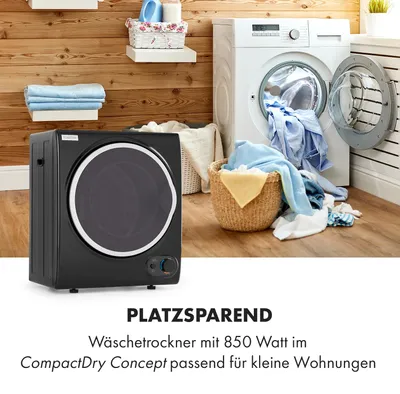 Produktbild von Klarstein Jet Set 2500 - Wäschetrockner, Ablufttrockner, Frontlader, 850 W, freistehend / Unterbau, , 2,5 kg, PTC-Heizelement, Wärmewahl bis 60 °C, Timer 20 bis 200 Minuten, Kompakt, schwarz