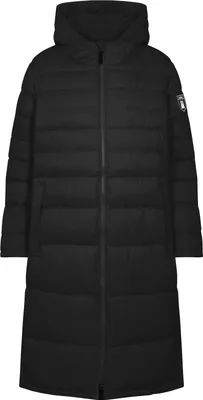 A black, long, hooded puffer coat is shown against a white background.