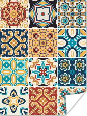 Produktbild von MuchoWow® Poster Blumen - Vintage - Muster - Blau - Orange 120x160 cm - Wandbilder