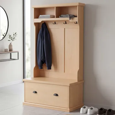 Produktbild von Garderobe MCW-P27, Flurgarderobe Holzgarderobe Sitzbank, 4 Haken Staufach Ablage Melamin 163x100x47cm  natur