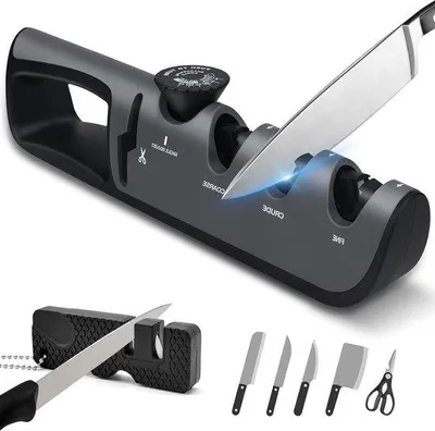 Produktbild von Famanu Messerschärfer 4-in-1 mit Scherenfunktion - 6 einstellbare Schleifwinkel - Multifunktionaler Handmesserschärfer - Grau