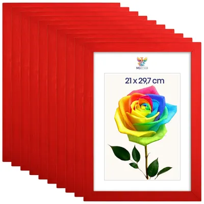 Produktbild von MG Design 10er Set Bilderrahmen Rot A4 21x29,7 cm - Echtholzrahmen mit Acrylglas, hoch/quer, zum Aufhängen & Aufstellen