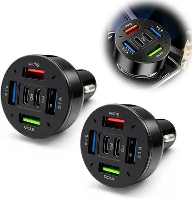 Productafbeelding van USB C sigarettenaansteker 6 poorten - zwart - super snel opladen - ideaal voor meerdere apparaten - m-winkel