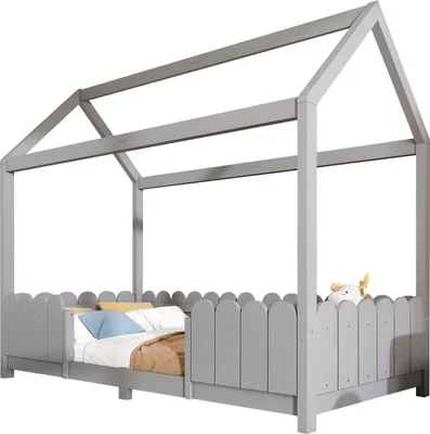 Produktbild von Hausbett(Grau)90x200 cm - vielseitiges Holz Kinderbett für Jungen & Mädchen - Mit Rausfallschutz und Lattenrost-(Ohne Matratze)