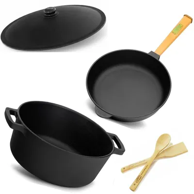 Produktbild von Gusseisen- Set Ø28cm: Topf 6L und Pfanne Holzgriff Deckel Brotbacken Bratpfanne Steakpfannen Gusseisenpfanne Gusseisentopf Kochtopf
