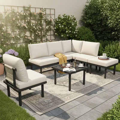 Image de Ensemble de salon de jardin 6 pièces en acier galvanisé et corde - Ensemble de mobilier de jardin d'extérieur avec table en verre et coussins en oléfine résistants aux intempéries, couleur beige