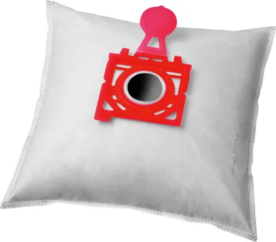 A white vacuum cleaner bag with a red plastic attachment.