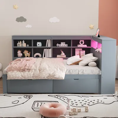 Obrázok produktu pre okwish Rozkladacia posteľ 90x200cm, rozkladacia pohovka, multifunkčné jednolôžko s USB a zásuvkami a policami, bez matraca, sivá