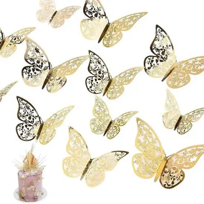 Image de Autocollants muraux en forme de papillons 3D - Lot de 24 pièces - Or