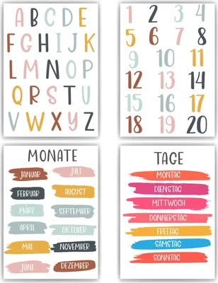 Produktbild von Kinderposter 4er Set ABC, Zahlen, Monate & Tage Lernposter Alphabet | Kinderzimmer Wandbilder Kindergarten Grundschule Kinder Lernhilfe Poster – DIN A4 (21x29.7cm)