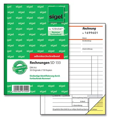 Produktbild von SIGEL SD133 Rechnungen, mit fortlaufender Nummerierung, 1. und 2. Blatt bedruckt, A6, selbstdurchschreibend, 2 x 50 Blatt
