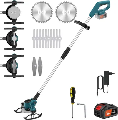Image de Coupe-bordures sans fil 21 V - 3 en 1 : coupe-bordures/coupe-bordures/mini-tondeuse - Largeur de coupe 15 cm - Tête réglable à 90° - 1 batterie - Moteur à balais - Chargeur UE - Orange