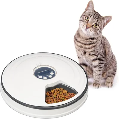 Obrázek produktu pro Automatický podavač krmiva pro kočky, až 6 porcí, V x H: 5,5 x 30,5 cm, programovatelná miska, bílá a šedá