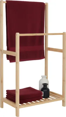 Obrázek produktu pro Relaxdays Stojan na ručníky z bambusu, 2 tyče, s odkládací plochou, rozměry: 77,5 x 42 x 24 cm, volně stojící, držák na osušky do koupelny, přírodní