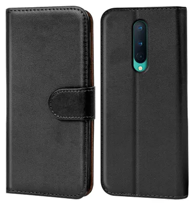 A black flip-style phone case is shown from the front and back.