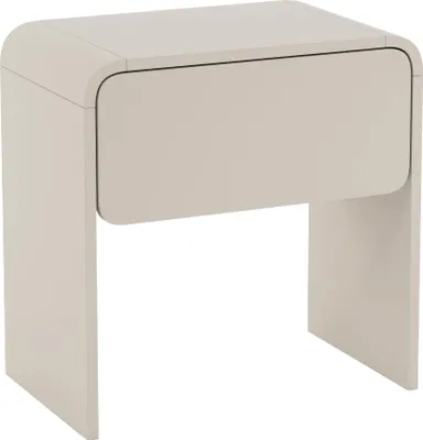 A single, modern, beige nightstand with a drawer is shown against a white background.