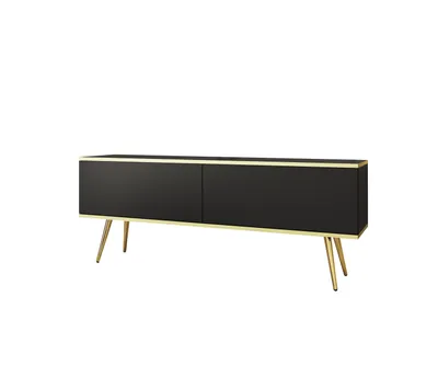 Image de Armoire TV noire avec pieds dorés, 135 cm x 53 cm x 32 cm, fonction Push-to-Open