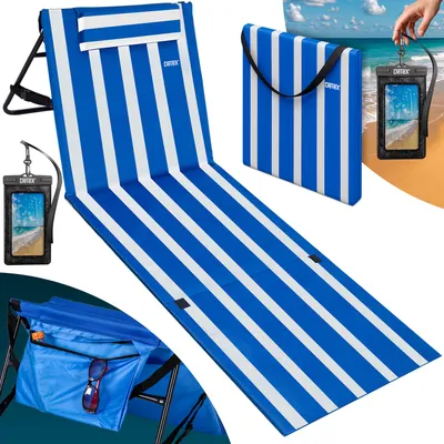 Image de DETEX® Tapis de plage Bleu et blanc 158x56 cm transat rembourré avec dossier pliable natte de plage transportable extérieur
