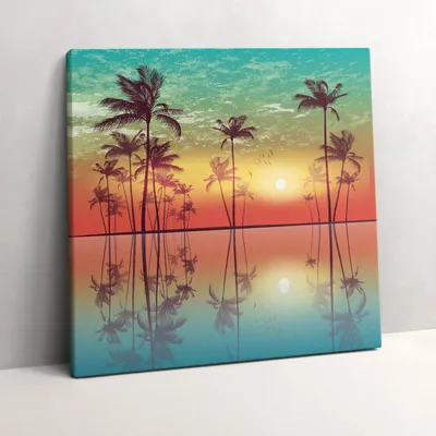Produktbild von Tropical palm trees at sunset – Leinwandbild Wandbild – 60x60 cm – Leinwandbilder – Wandbilder – Schlafzimmer – Flur